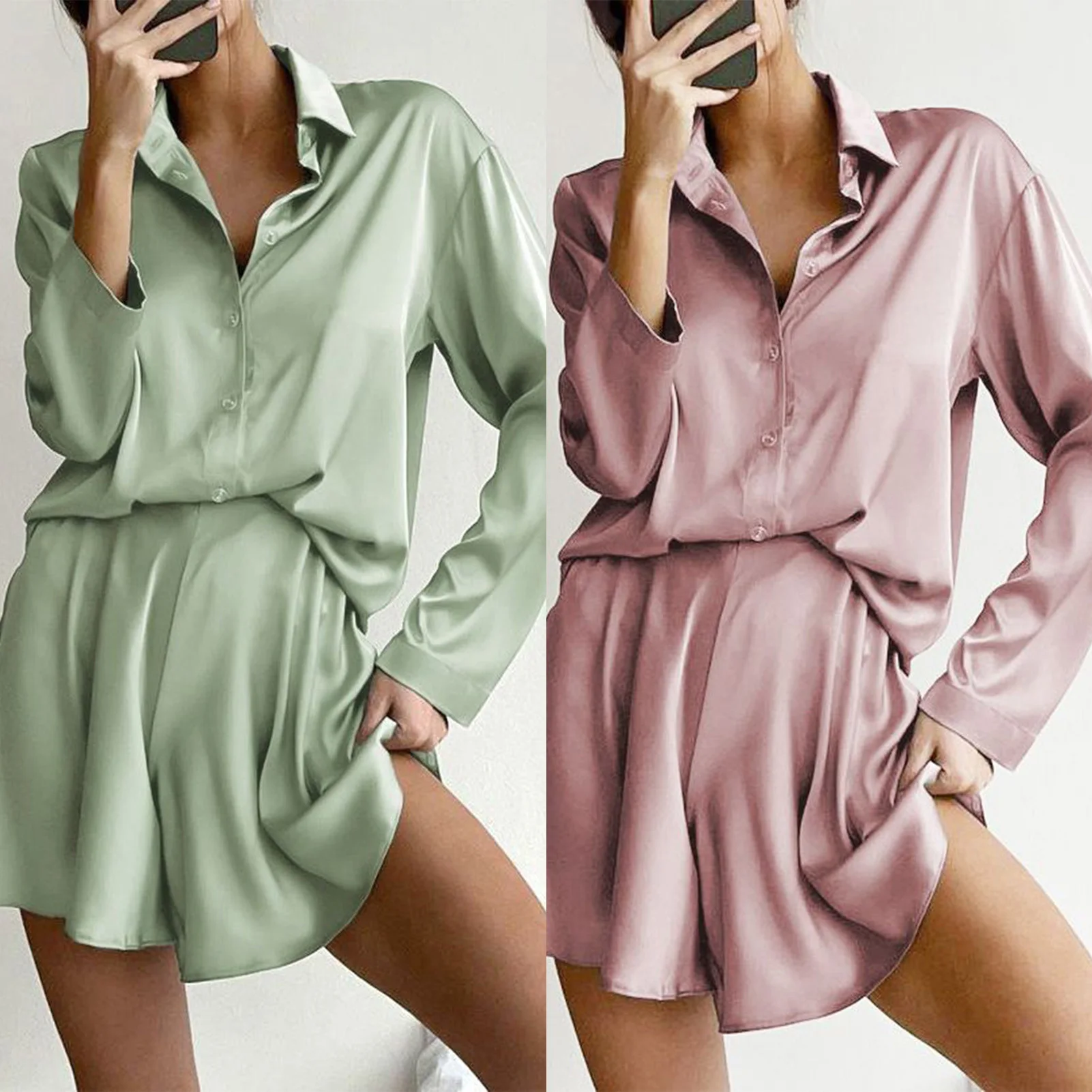 

Two Piece Set for Women Casual Simple Long Sleeve Shirt Shorts Homewear Suit Streetwear Daily Versatile Two Piece Set