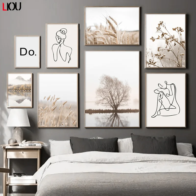 Настенная Картина на холсте с изображением гор леса озера тростника абстрактная