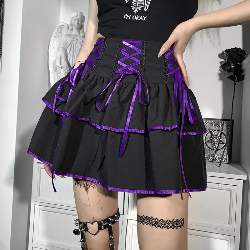 

Женская плиссированная мини-юбка на шнуровке, фиолетовая короткая трапециевидная юбка в готическом стиле с высокой талией, темно-черная юб...