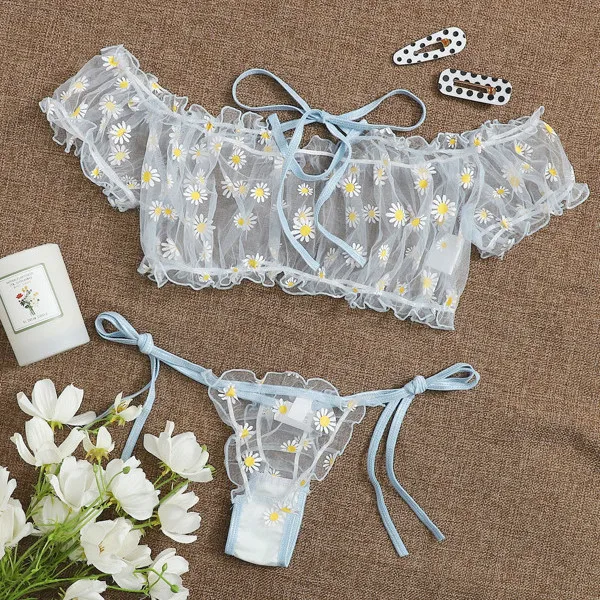 

2piece Women Lingerie Suit Sexy Sheer Floral Print Off-Shoulder Transparent Mesh Crop Top Tie-Waist Thong-Panty for Date Night