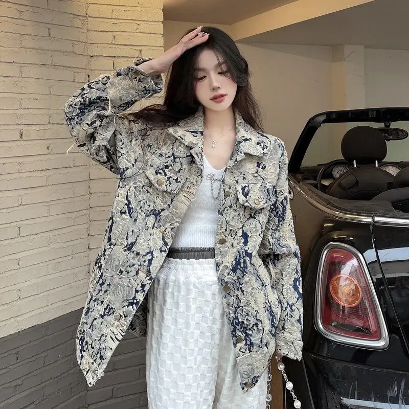 

SuperAen Jacquard Vintage Denim Jacket Women Spring New Korean Loose Fashion Jeans Jacket Women