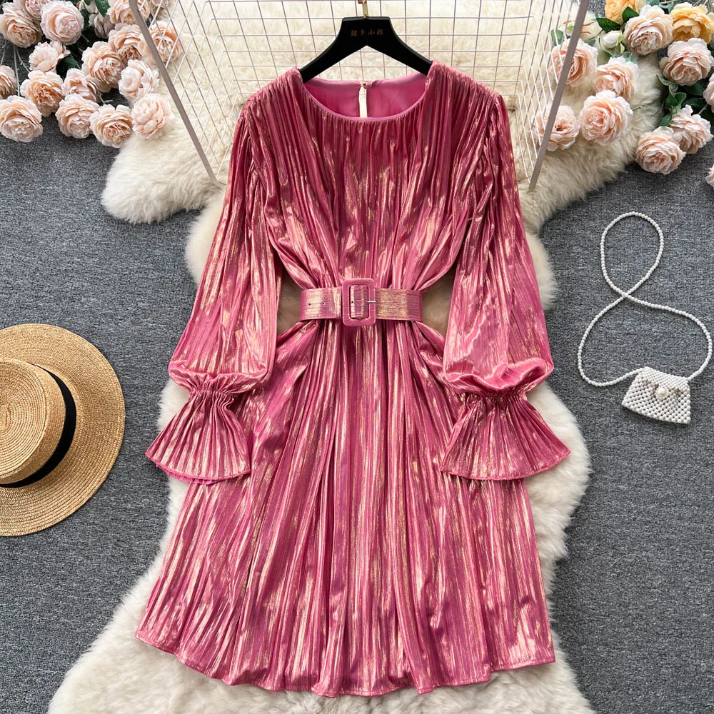 Women's New Fashion Metal Petals Long Sleeve Sweet  Pleated Dress Party Solid Color Vestidos Elegantes Para Mujer K793