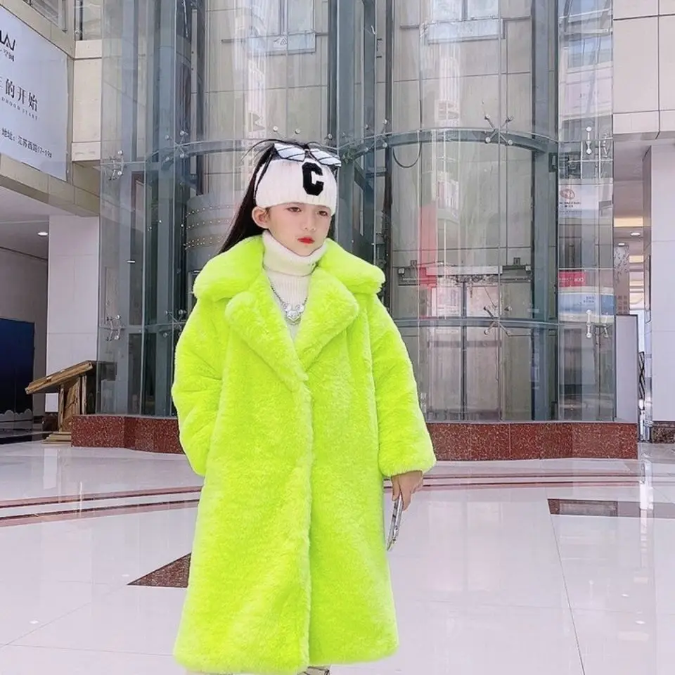 Girls Faux Fur Long Coat Winter Thick For Teen Kids Warm Plush Outerwear Children Snowsuit Long Outwear Parkas