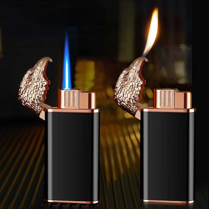 

Metal Eagle Head Open Flame Lighter High Pressure Jet Blue Flame Windproof Lighter Cool Double Fire Cigar Smoking Accessories