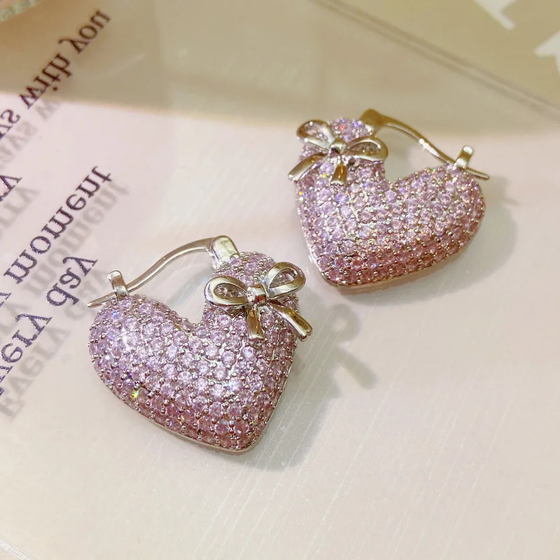 

Brand New Korean Fashion Accessories Full Pink Crystal Sweet Lovely Heart with Bowknot Earring Ear Studs for Women Ear Buckle