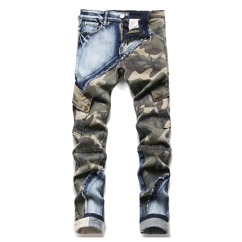 Men High Street Camouflage Jeans Pants Patchwork Streetwear Washed Denim Trousers For Male Multi Pockets Stretch