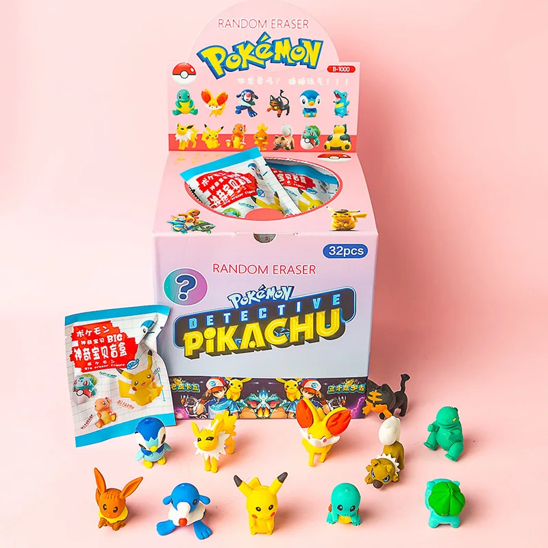 32 pçs/set Pokemon Diy Criativa Dos Desenhos Animados Papelaria Estudante Caixa de Lápis Borracha Cego Anime Figura de Ação Pikachu Crianças Brinquedos Presentes