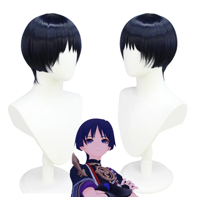 

Парик унисекс для косплея, Аниме игра Genshin Impact Cos Wanderer Pot Head Styling Kunikuzushi Scaramouche Black Blue 28 см