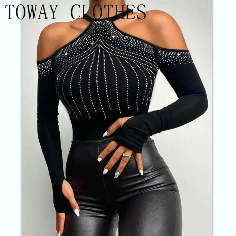 

Women Rhinestone Decor Cold Shoulder Skinny Long Sleeve Casual Top y2k Clothes Female Blusas Mujer De Moda 2022