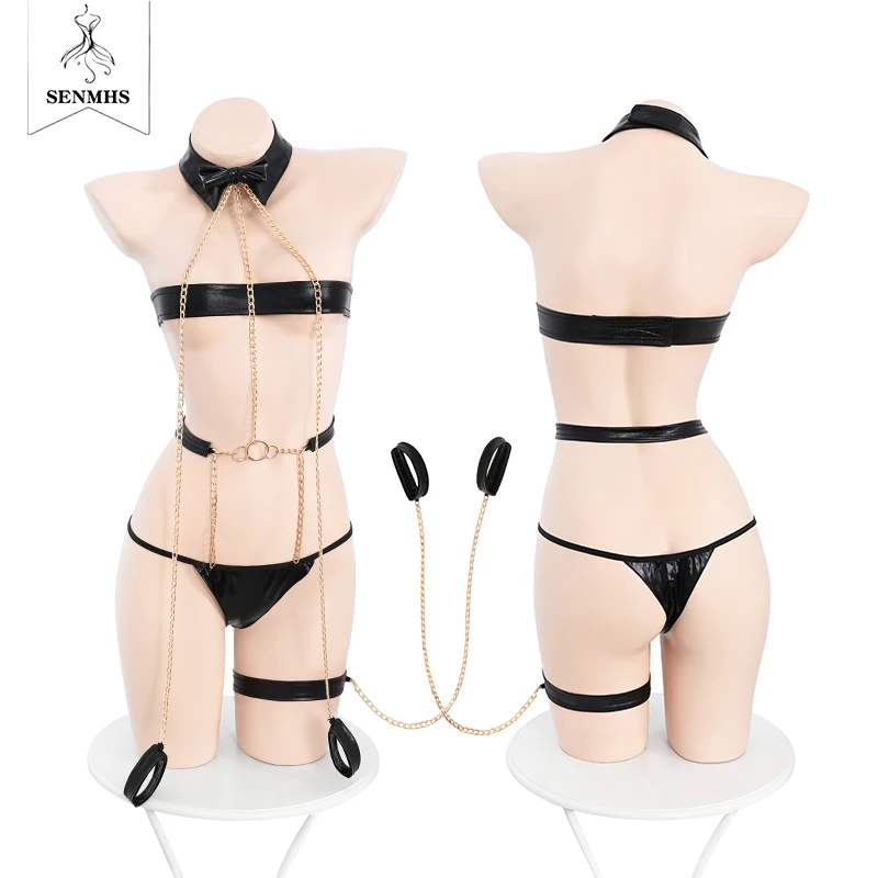 

Сексуальное матовое кожаное нижнее белье SENMHS с золотистой цепочкой, Женский костюм для косплея, соблазнительное женское нижнее белье, женское нижнее белье
