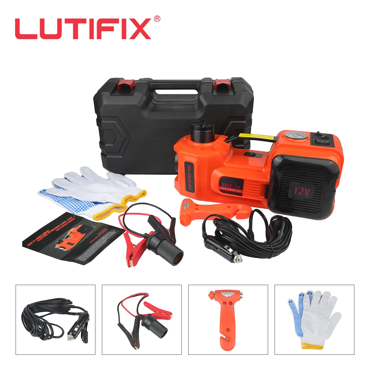 

LUTIFIX Автомобильный Электрический домкрат 12 В 5 т 45 см 3 в 1 Электрический гидравлический Напольный домкрат для накачивания шин фонарик безопасный молоток