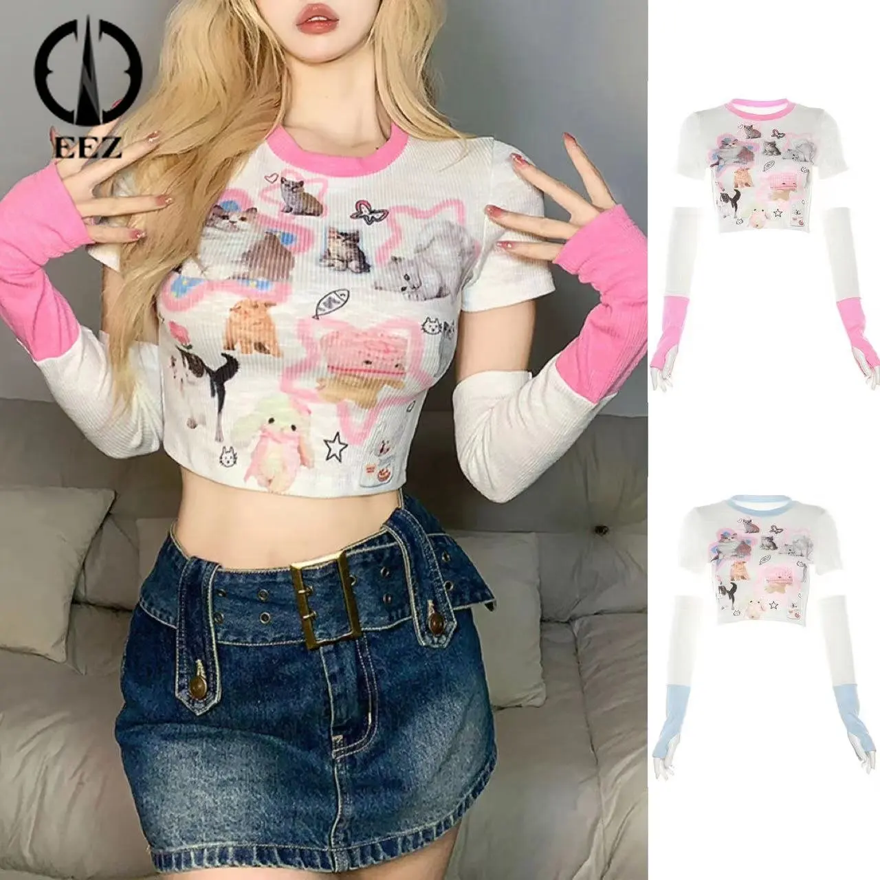 

Y2k Aesthetic Ribbed Knited Crop Top with Sleeves Women Coquette Contrast Color Tees Summer Cartoon Cat Print Sweet Pink T-shirt