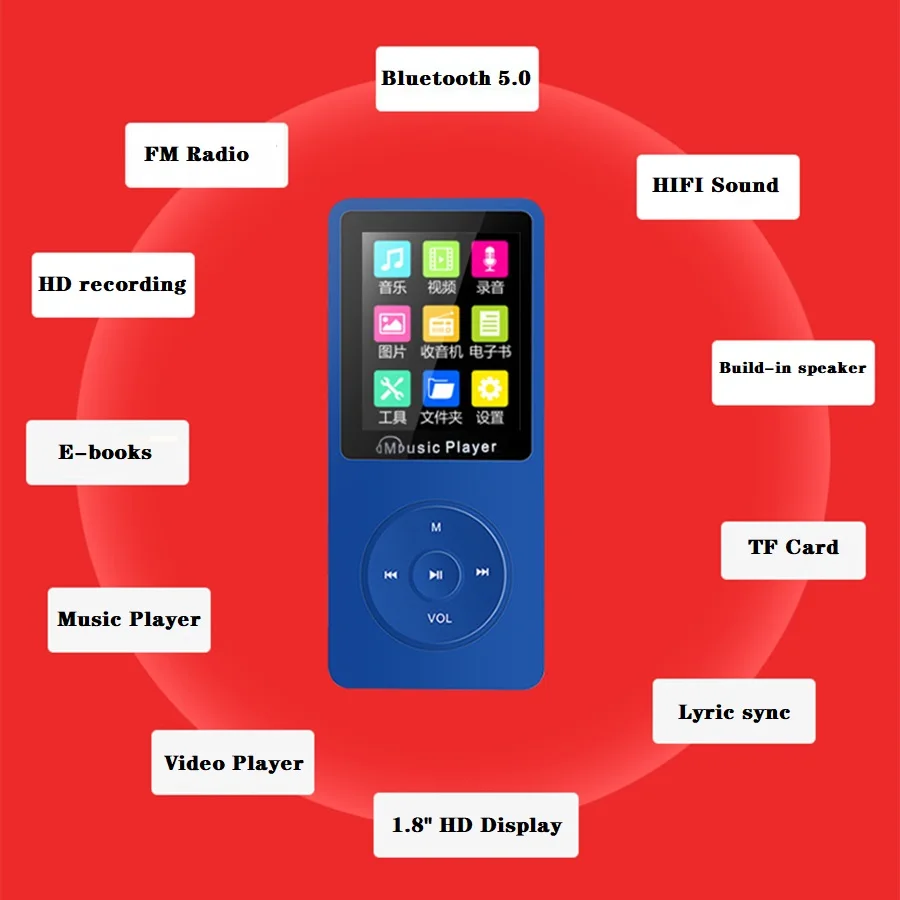 

Bluetooth MP3 Player Hifi Lossless Sound Built-in 8GB 16GB Mini Portable Walkman Mp3 Music Player with Fm Radio Recording E-Book