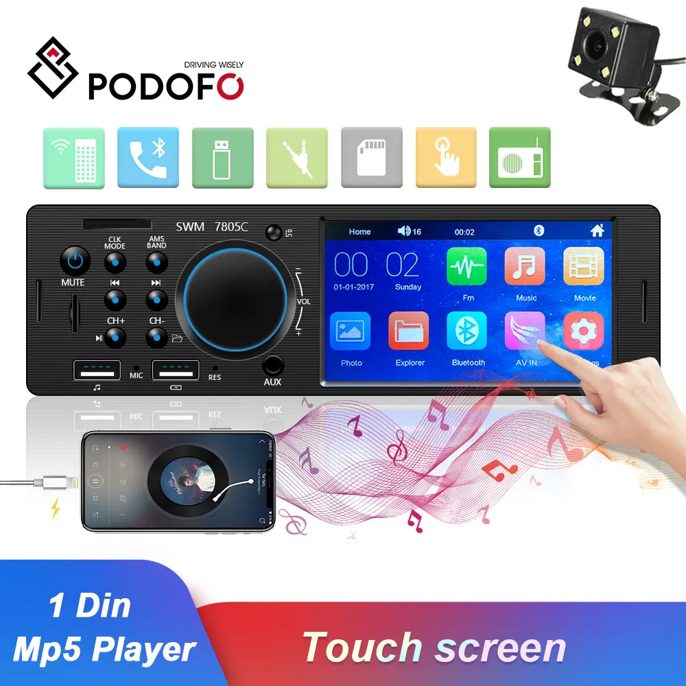 Podofo-autorradio 1 Din para coche, reproductor Multimedia FM, Bluetooth, MP3, MP5, 4,1 pulgadas, estéreo, 12V, Audio automático, USB, Control remoto