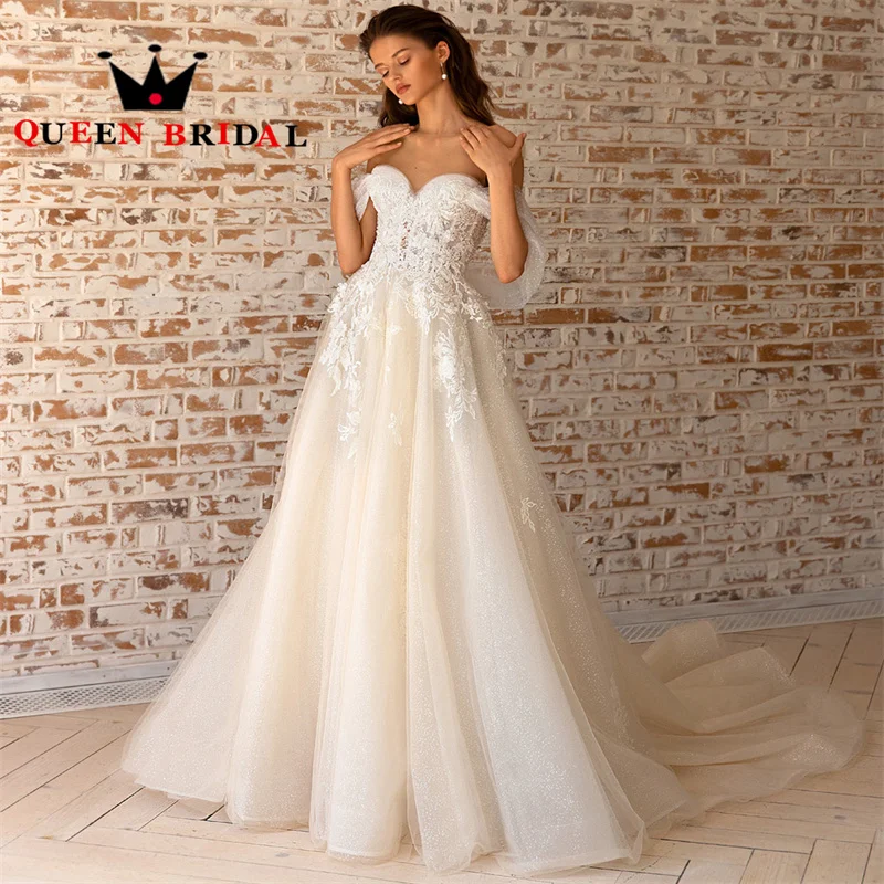 

A Line Appliques Lace Beading Pearls Wedding Dresses Sweetheart Off The Shoulder Bridal Gowns Vestidos De Novia Custom Y44X