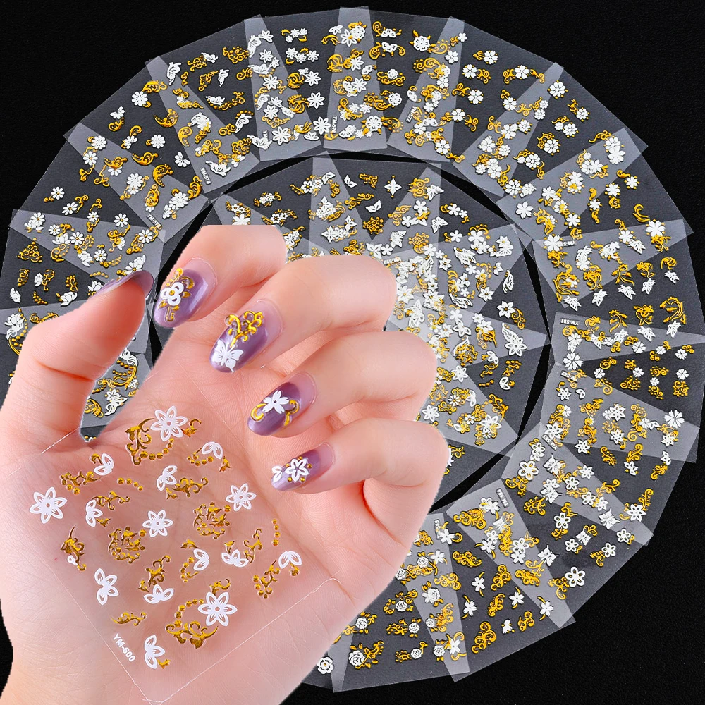 

30pcs White Flowers Nail Sticker Bronzing Gold Strip Line Butterfly Decals Sliders Adhesive Tips Manicure ail Art Decoration