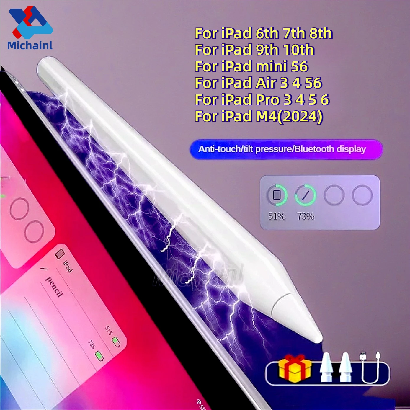 Стилус для iPad Pencil 2024 Air 6 M2 Pro M4 с функцией Bluetooth Для 11 12 9 4/5 7/8/9/10th mini 5 Tablet