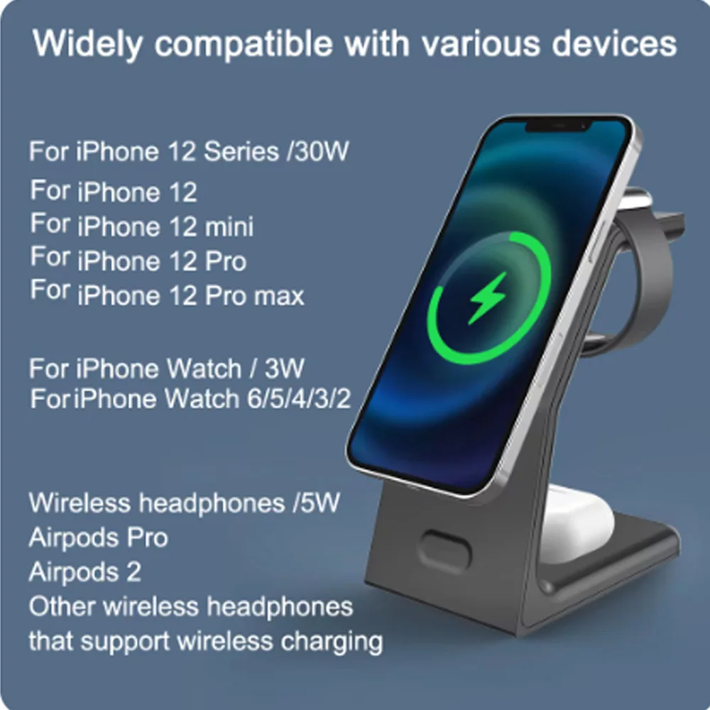 Дорожное беспроводное зарядное устройство 30 Вт 3 в 1 iPhone 16 15 14 13 12 Pro Max док-станция