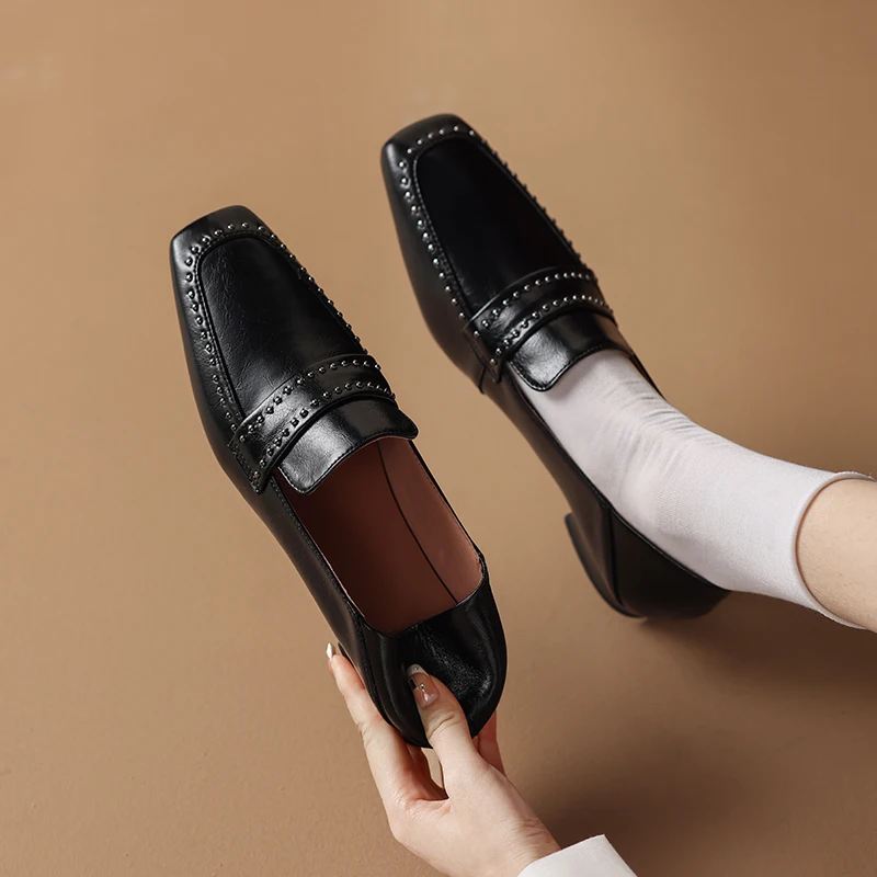

2023 new spring women pumps natural leather 22-24.5cm length cowhide sheepskin+pigskin Square head small rivet loafers shoes
