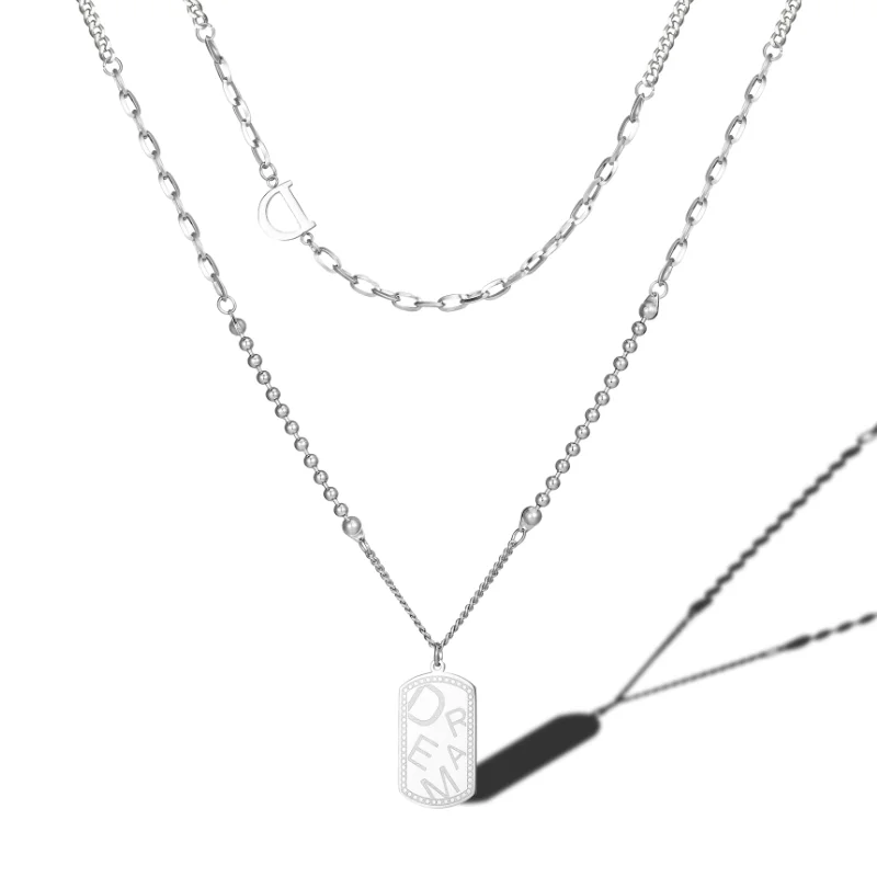 

Hip Hop Fashion Design Unisex Jewelry Titanium Steel Double Layered Clavicle Chain Square Pendant Necklace