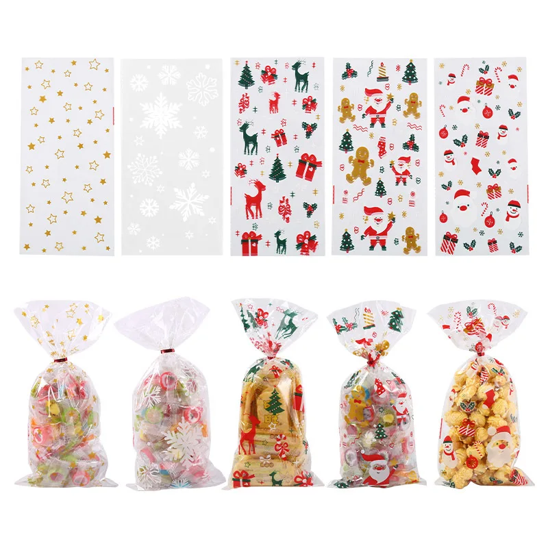 

50pcs Merry Christmas Candy Gift Bags Santa Claus Snowflake Plastic Cookie Packaging Bag Xmas Party Navidad New Year Kids Favor