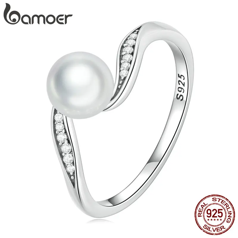 Bamoer 925 Sterling Silver Quality Shell Pearl Ring Geometric Ring Pave Setting CZ for Women Birthday Gift Fine Jewelry BSR304