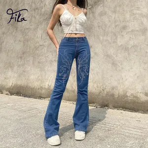 Sexy Slim Low Waist Flare Pants Butterfly Rhinestone Printed Bell Bottom Jeans Harajuku Blue Long Sk