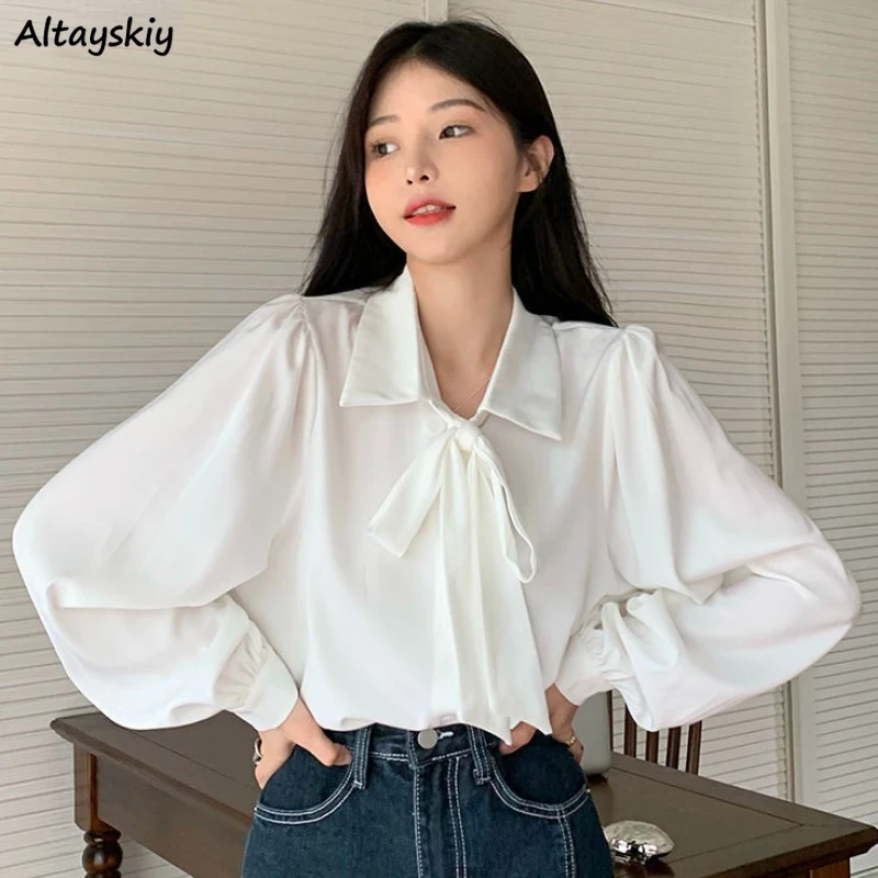 

Рубашка женская однотонная с рукавами-фонариками, простой однобортный Повседневный Нежный Стильный универсальный свободный низ на пугови...