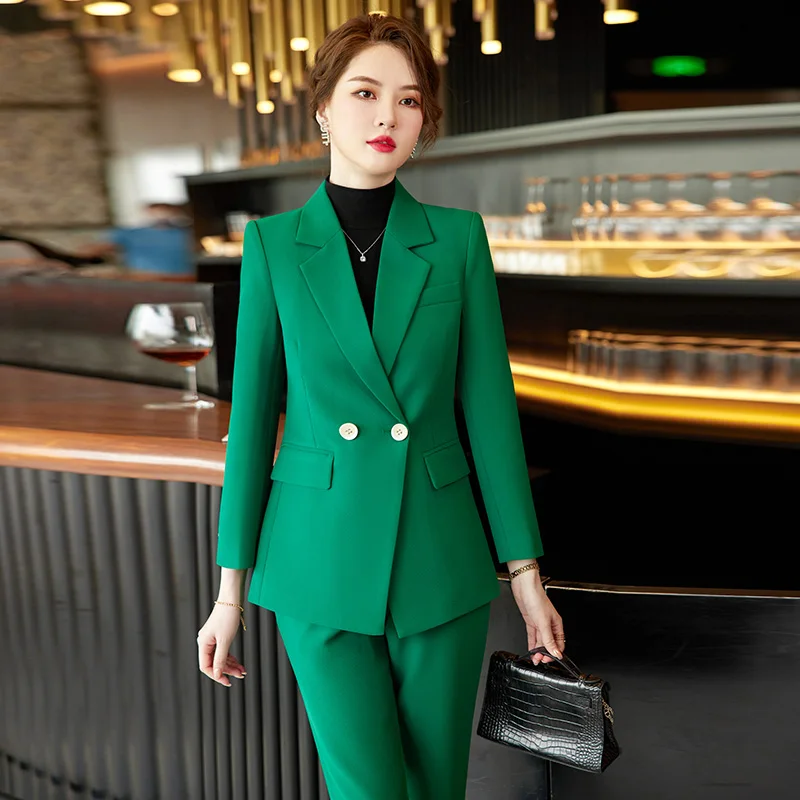 

Осень-зима 2022, Официальный женский зеленый Блейзер, женские деловые костюмы с комплектами, рабочая одежда, Офисная форма, брюки размера 5XL, куртка