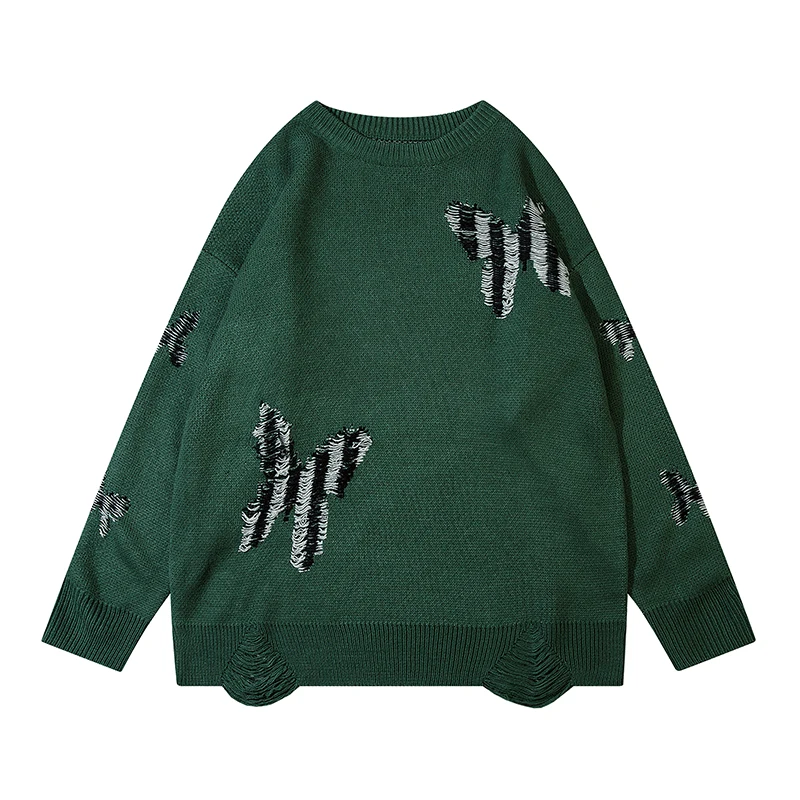 

Frayed Ripped Patchwork Butterfly Pattern Hole Pullover Men's and Women's Sweater Retro Round Neck Knitted Casual Autumn Clothes