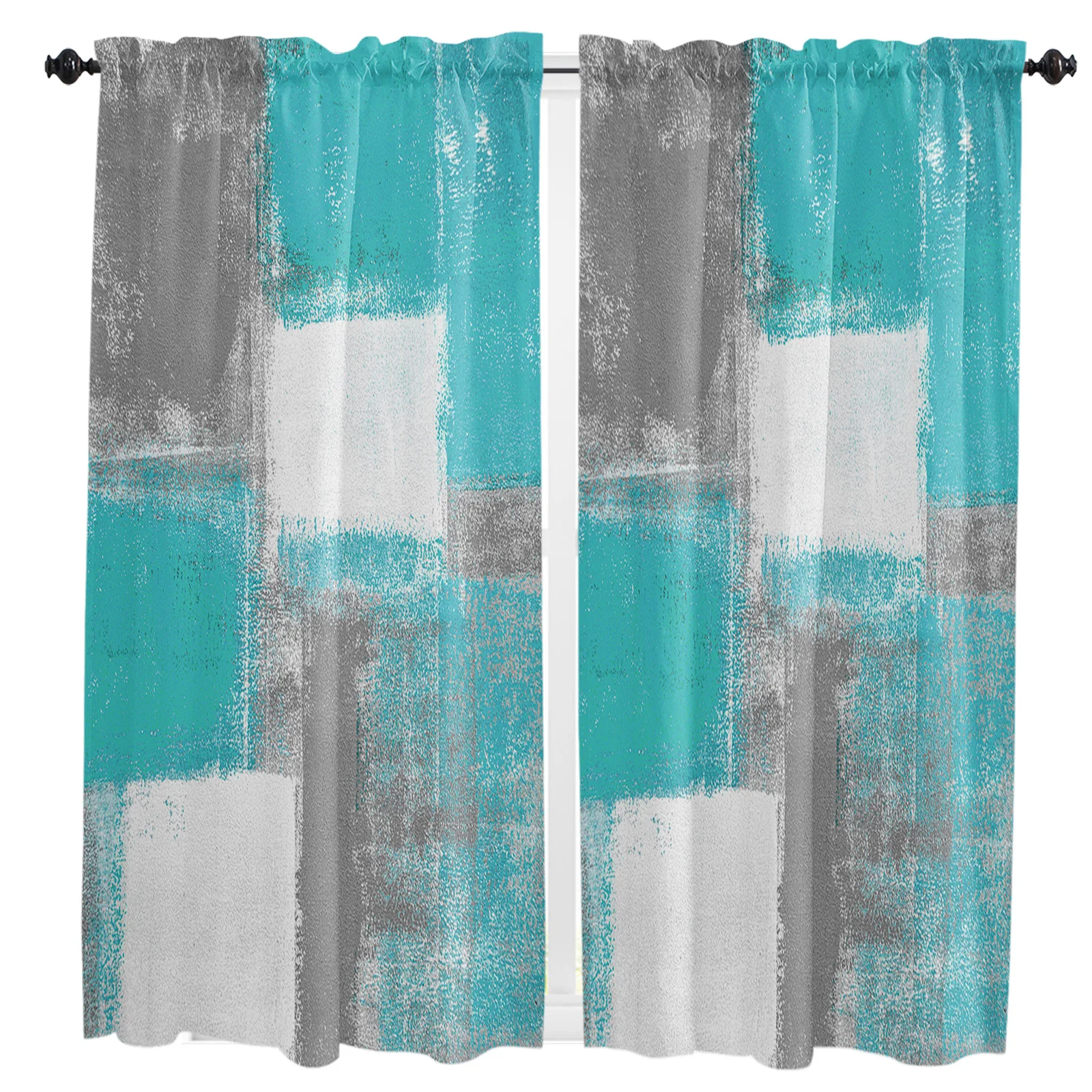 

Oil Painting Abstract Geometric Aqua Curtain Home Decoration Living Room Short Curtains Window Treatments For Kitchen Bedroom