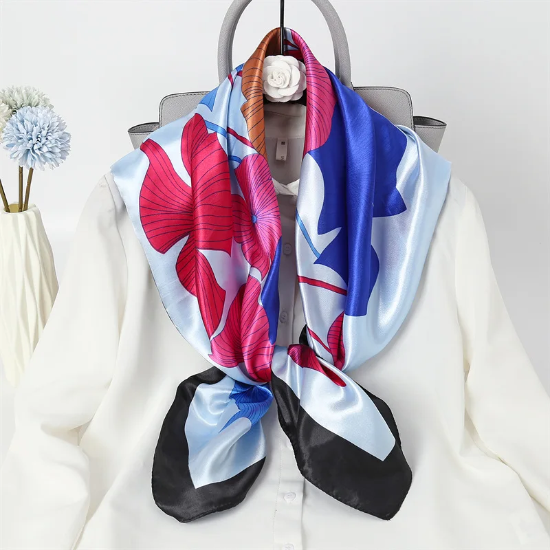 

90cm Square Scarf Female Flowers Simple Temperament Large Square Scarf Shawl Thin Style Office Versatile Scarf