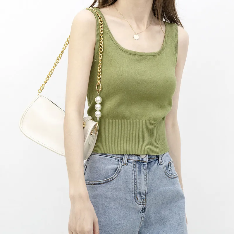 

Fashion Ice Silk Knitted Small Strap Tank Tops For Women's Bottom Outwear Short Underwear Top Knitwears Women's Vest Sweater