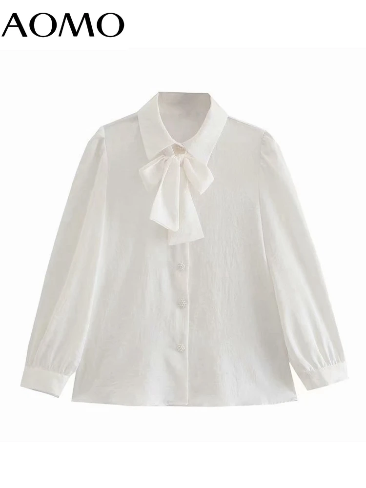 

AOMO Women White Bow Blouse Pearl Buttons Three Quarter Sleeve Chic Female Office Lady Shirt Blusas Femininas 4Q37A