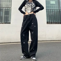 high waist black jeans harajuku womens fashion splash butterfly embroidery high street loose straight wide leg long pants