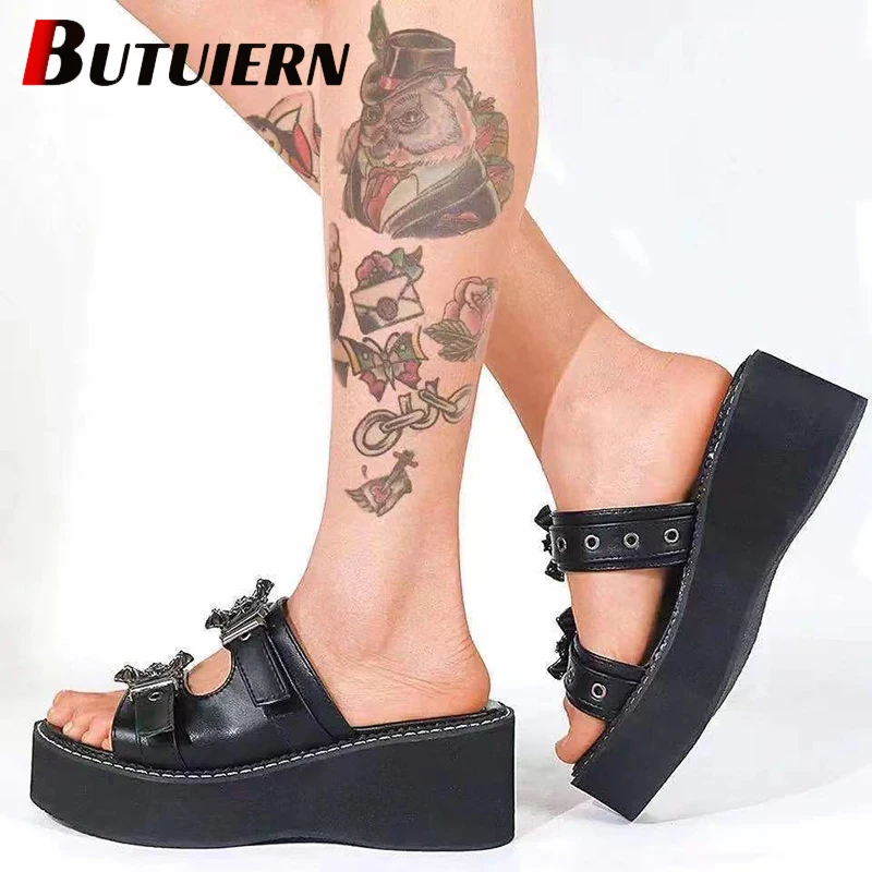 

Woman Summer Slippers Shoes Women Gothic Punk Round Toe Platform Sandals Slide Lady High Heels Wedges Female Sandals Black Shoe