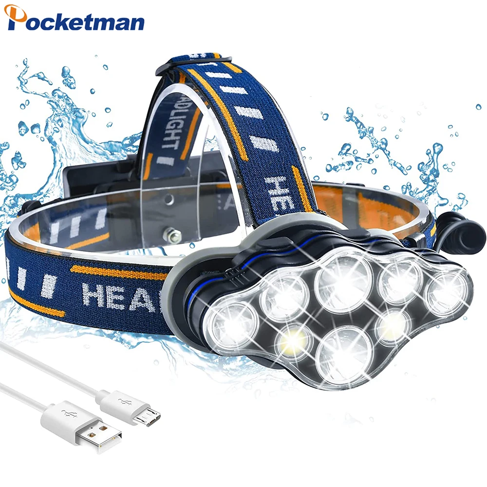 

Super Bright 8 LED Headlamp 8 Switch Modes White/Red Light Rechargeable Headlight Outdoor Waterproof Head Lamp Head Flashlight
