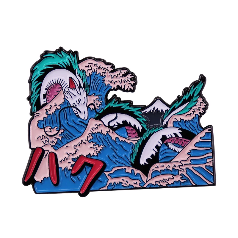 

2022 Japanese Style Anime Enamel Pins Hakuryu and Kanagawa Surf Brooch Anime and Art Painting Mashup Badge Jewelry Accessory