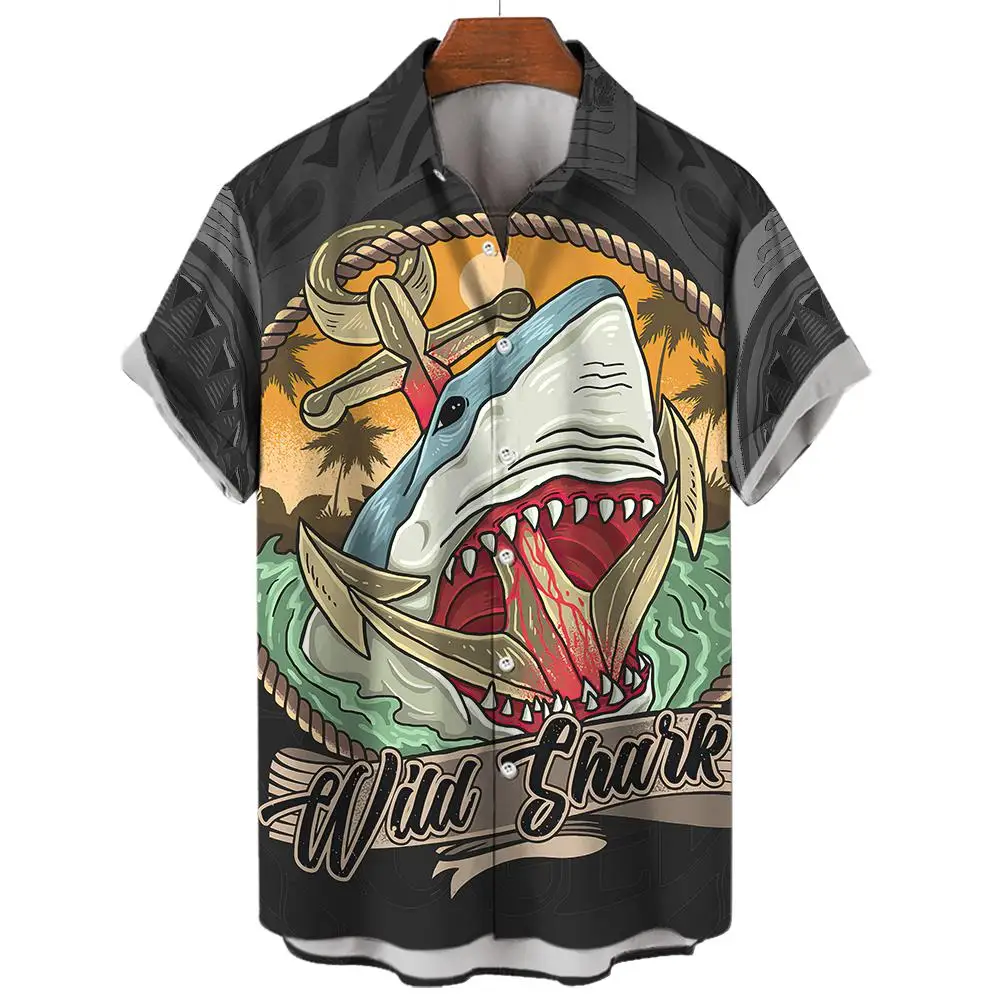 

New Men's Hawaiian Shirts 3D Shark Animal Print For Men Clothes Fashion Button Short Sleeve Lapel Streetwear Shirt Blouse Tshirt