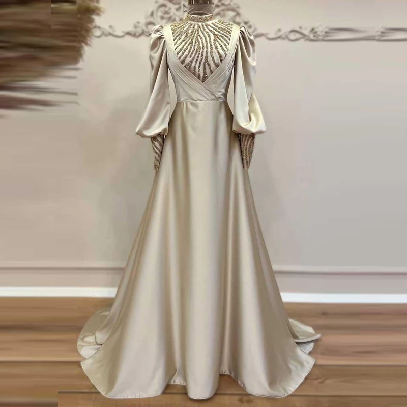 

Blue Arabic Princes Fashions Prom Dresses Elegant Sequins Evening Dress 2022 ONeck Puff Sleeves Party Gown Robes De Soirée
