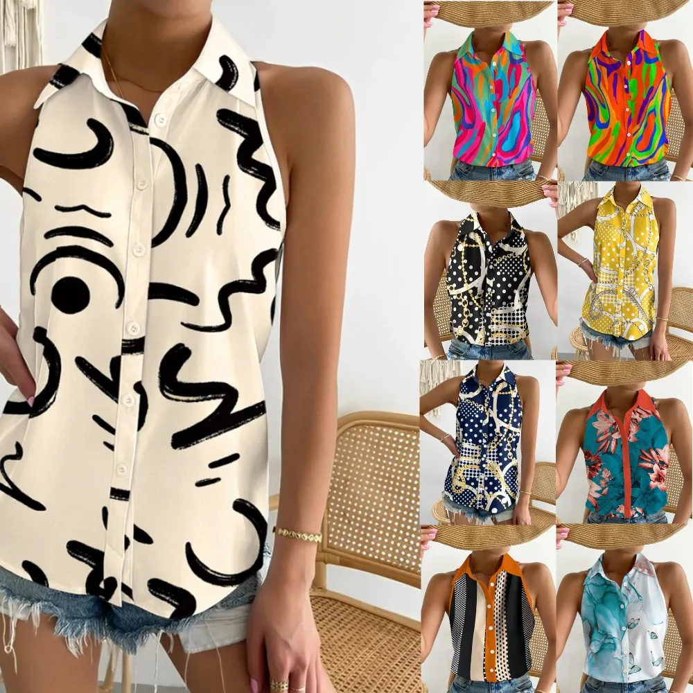 

Women's Shirt Summer Casual Fashion Strapless Sleeveless Button Abstract Print Ladies Shirt