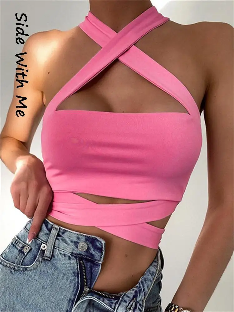 

Женский УКОРОЧЕННЫЙ ТОПИК Side with Me, розовый бандажный винтажный корсет на бретелях, Майки для вечеринки, лето 2022