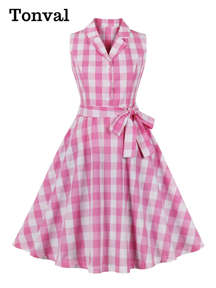 

Tonval Pink Gingham Cotton Dresses for Women Notched Collar Button Up Sleeveless Summer A-Line 50s Rockabilly Vintage Dress