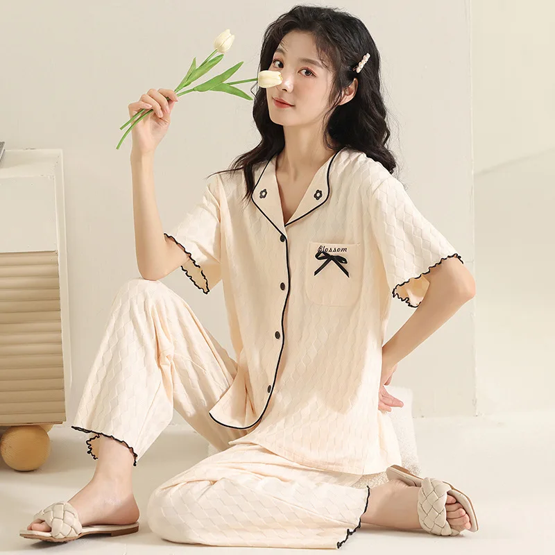 Summer Pure Cotton Pajamas for Women's Short-sleeved Trousers Cardigan with Turn-over Collar This Home Service Casual Nightwear