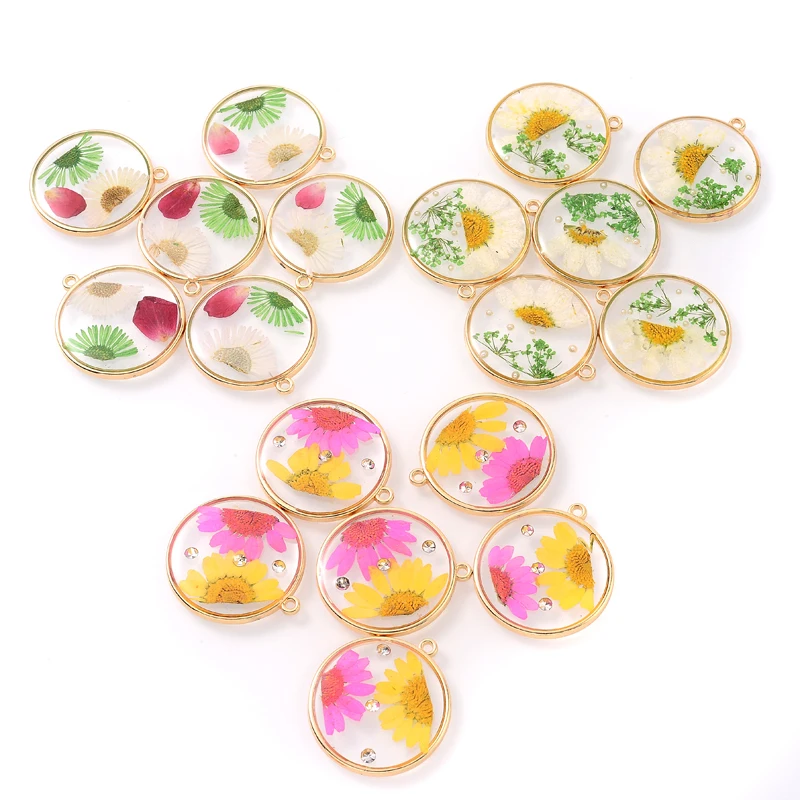 

12Pcs Round Pressed Epoxy Natural Real Hibiscus Daisy Sakura Plum Blossom Dried Flower Resin Charms Pendant for Jewelry Making