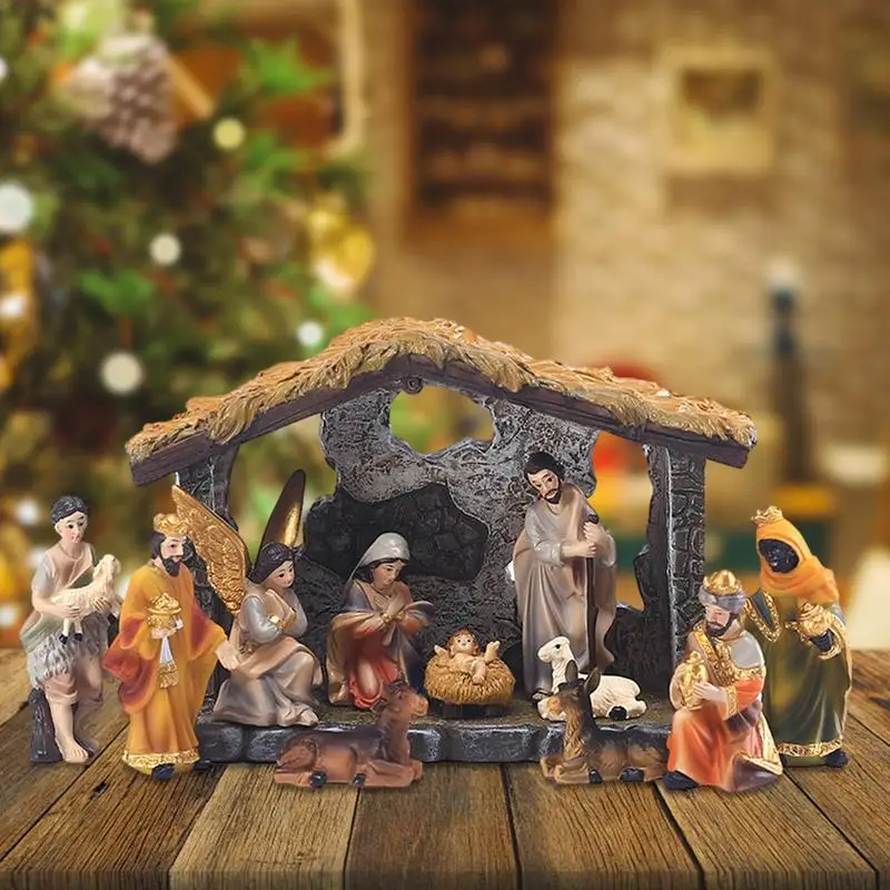 

12Pcs Christmas Manger Nativity Set Resin Hand-painted Nativity Figurines Family Crafts Statue Office Living Room Table Ornament