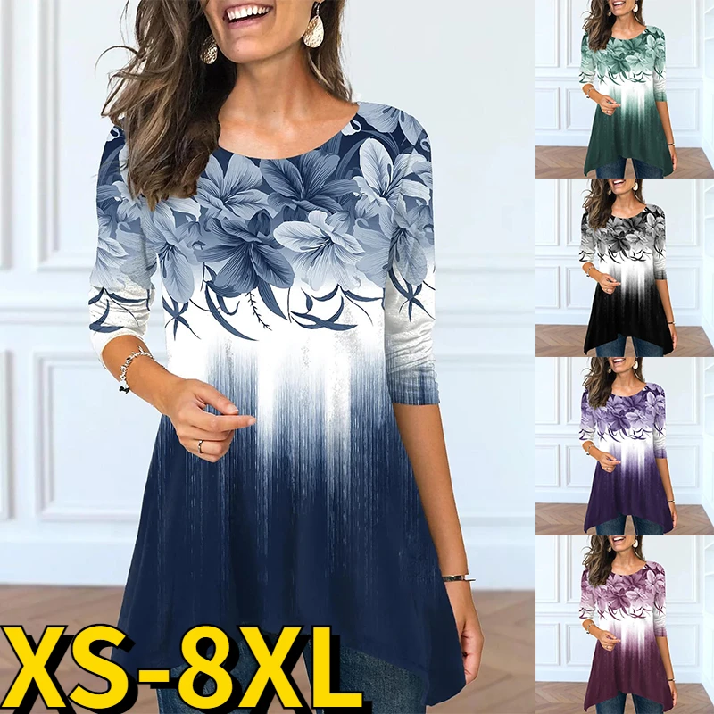 

2023 Everyday T-shirt Round Collar Trend Pullover Casual Tops Flower Printing Clothes Spring Summer Women Elegant Long Sleeve