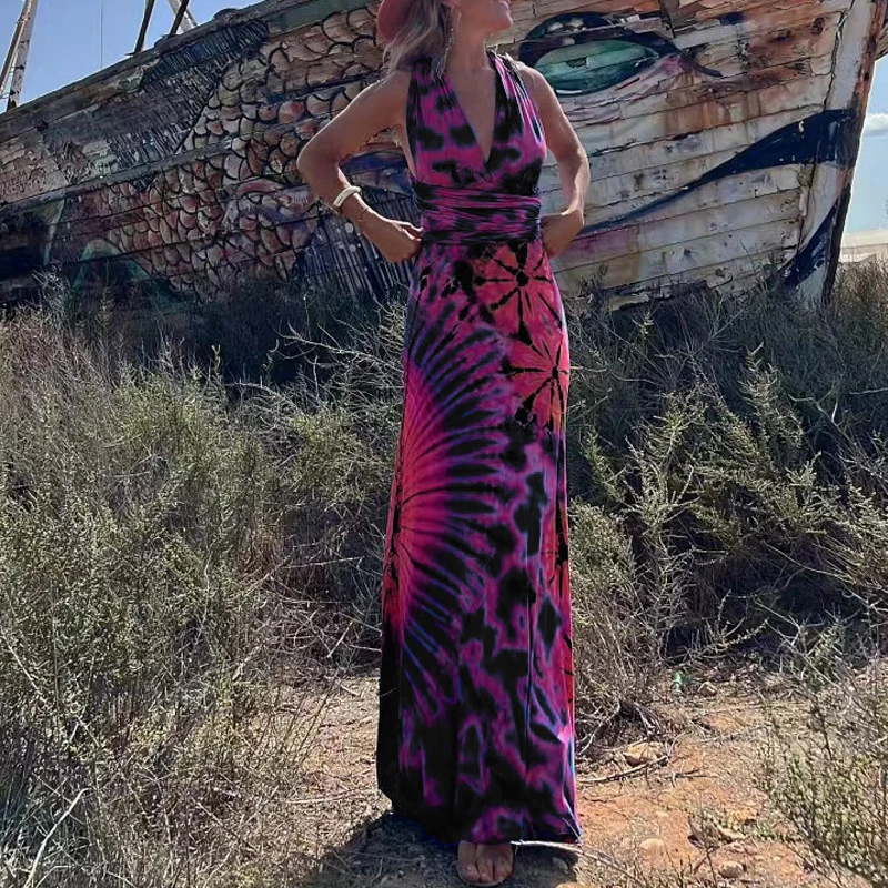 

Fashion Backless Robe Dress 2023 Summer Sexy Halter Deep V Slim Fit Long Dress Vintage Tie Dye Printed Sleeveless Bohemian Dress