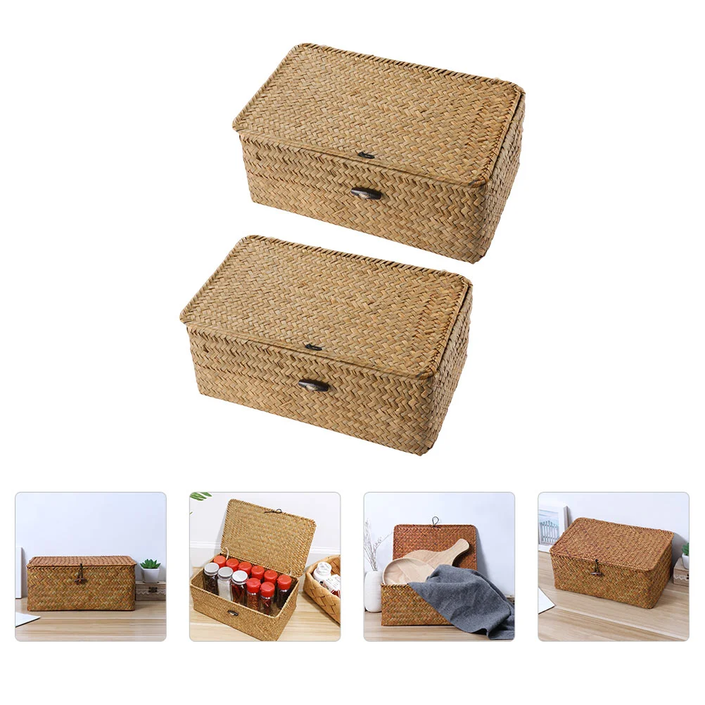 

2pcs Desk Organizer Tray Wicker Storage Baskets Woven Vanity Organizer Storage Box Countertop Storage Basket
