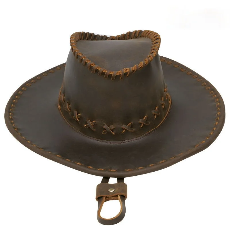 

Hot 2022 Newest Fashion Vintage Travel Handmade Cowhide Cap Western Cowboy Hat Mad Horse Skin Hat Sunshade Men Brown Show Caps